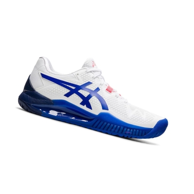 White / Blue Women's Asics GEL-RESOLUTION 8 (D) Tennis Shoes | US97612FE